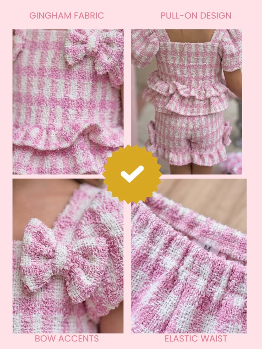 Kids Pink Gingham Ruffle Matching Set - Picture 6 of 11